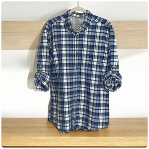 Eddie Bauer Men's Blue Plaid Shirt roll tab Sleeves L